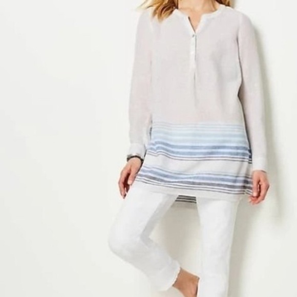 J Jill White and Blue Striped Linen Tunic Size Large Petite - Picture 1 of 7